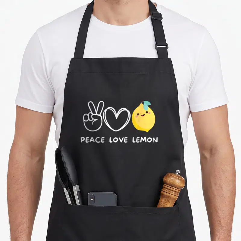 Peace lemon apron - Cartoon yellow lemon, white peace sign, and heart with PEACE LOVE LEMON text — shown on a black cotton canvas apron against a white background