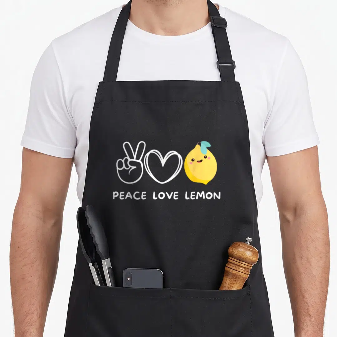 Peace lemon apron - Cartoon yellow lemon, white peace sign, and heart with PEACE LOVE LEMON text — shown on a black cotton canvas apron against a white background