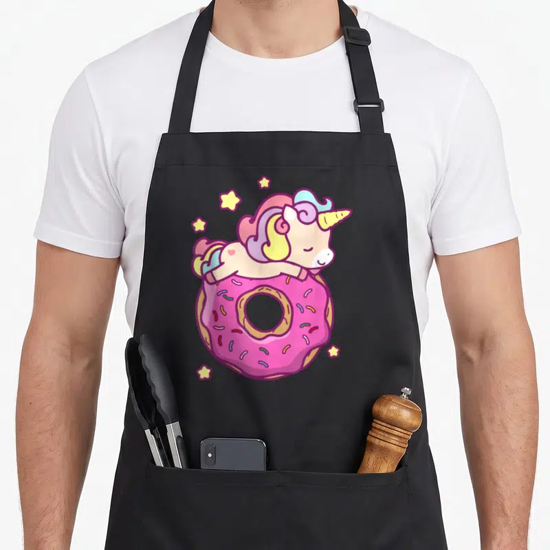 Unicorn donut apron - Lying cartoon unicorn on pink frosted donut with five yellow stars and rainbow mane — shown on a black cotton canvas apron against a white background