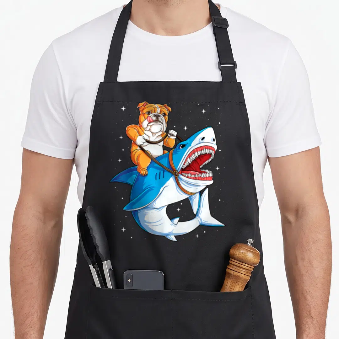 Shark english chef aprons - Cartoon bulldog riding blue shark with white stars and bridle — shown on a black cotton canvas apron against a white background