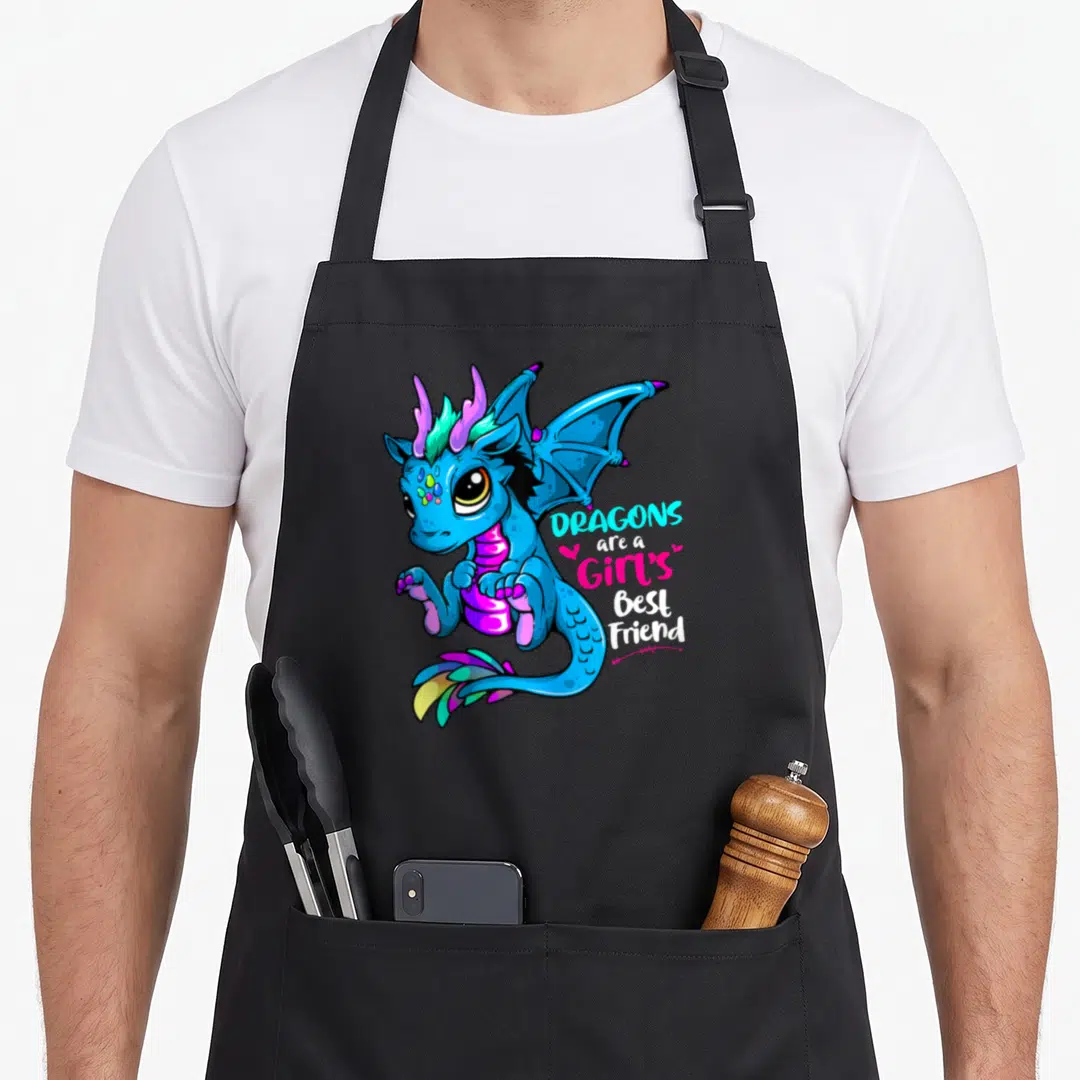 Friend dragon apron - Blue cartoon dragon illustration with stacked text Dragons are a Girl's Best Friend in pink — shown on a black cotton canvas apron against a white background