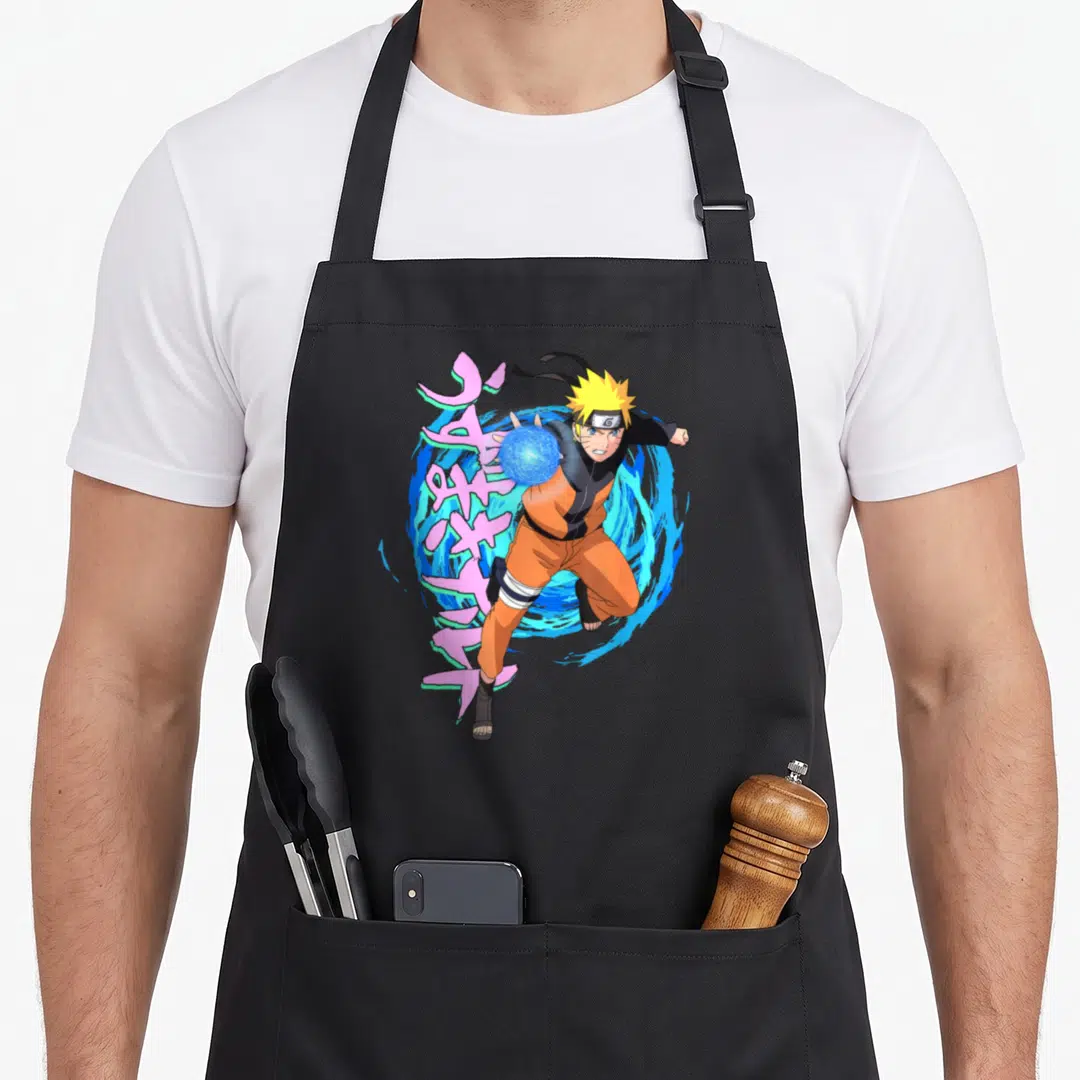 Blue anime apron - Naruto character in orange holding blue sphere with pink vertical text — shown on a black cotton canvas apron against a white background