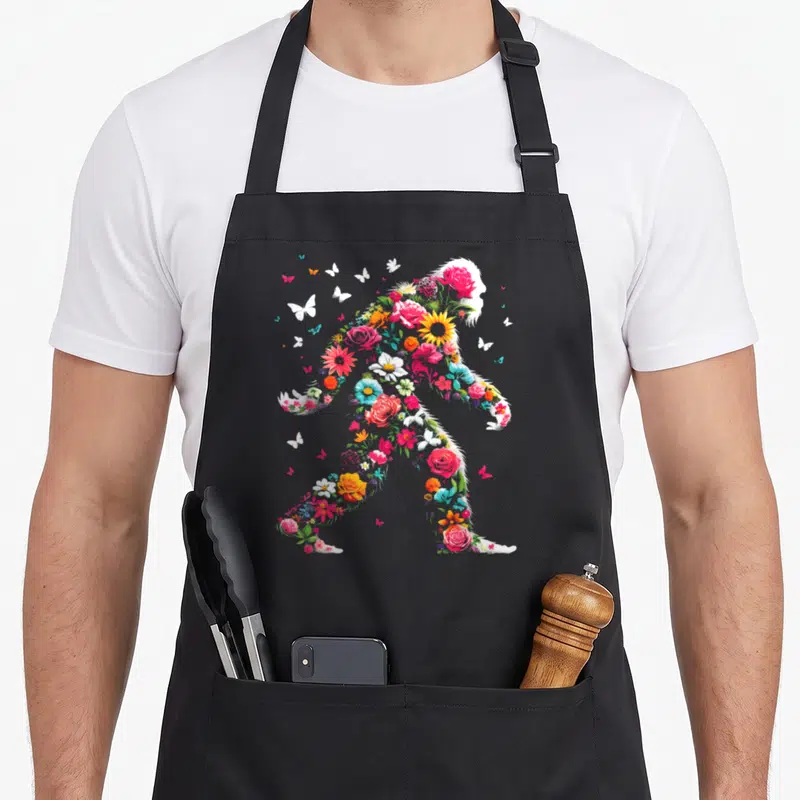 Floral bigfoot apron - Walking ape silhouette filled with red pink yellow blue and white flowers and scattered — shown on a black cotton canvas apron against a white background