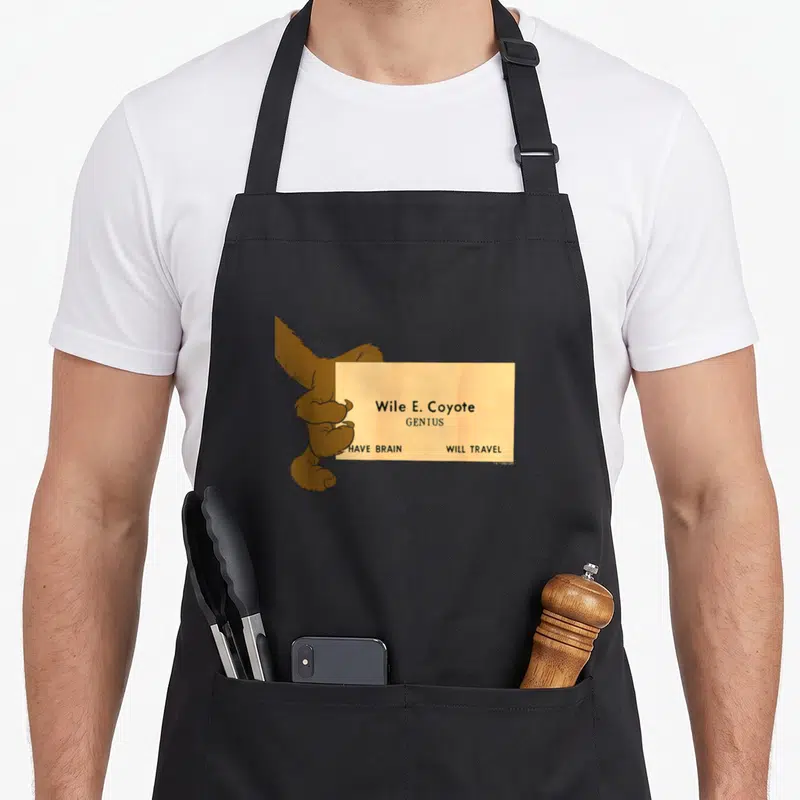Coyote genius e.a apron - Brown cartoon arm holding beige sign with text Wile E. Coyote Genius Have Brain Will Travel — shown on a black cotton canvas apron against a white background