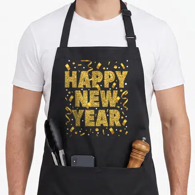 Eve golden apron - Stacked HAPPY NEW YEAR text in gold glitter surrounded by white dots and curling ribbons — shown on a black cotton canvas apron against a white background