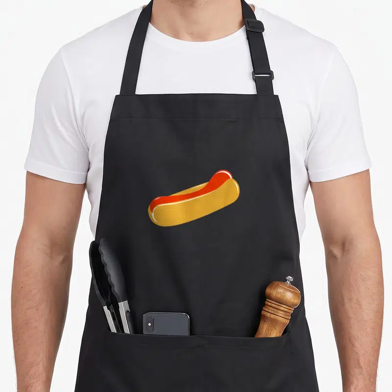 Wanted hot dog apron - Cartoon hot dog in bun with yellow bun and red sausage — shown on a black cotton canvas apron against a white background