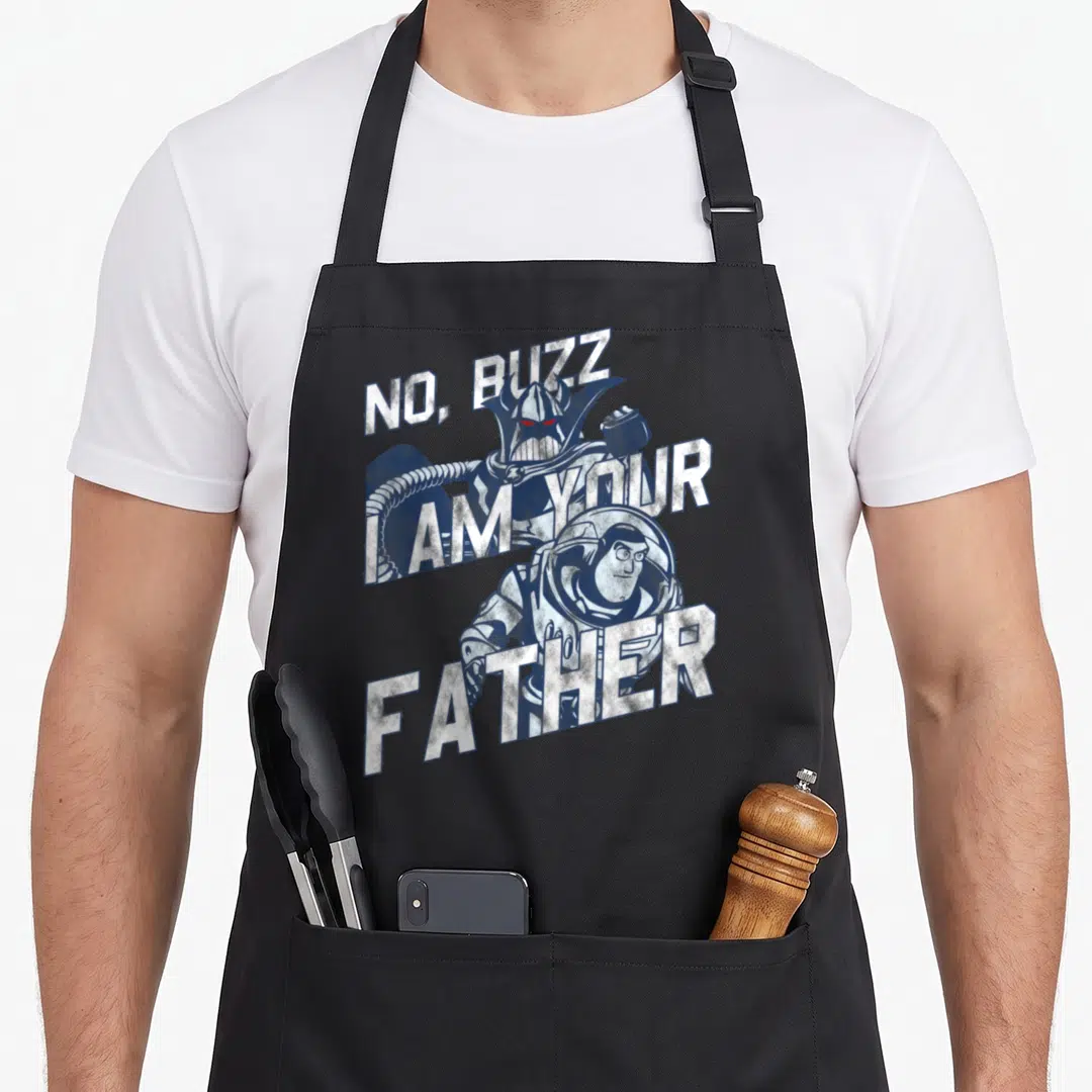 Buzz father day apron - No Buzz I Am Your Father text with Buzz Lightyear and Vader helmet in blue white grey red — shown on a black cotton canvas apron against a white background