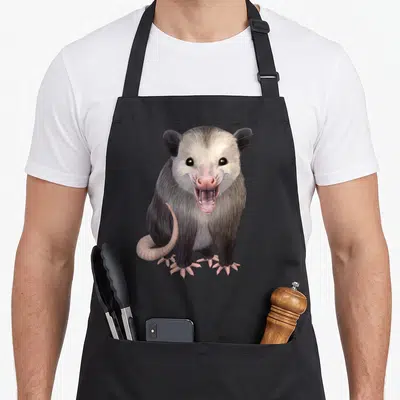Funny possum apron - Realistic grey and white opossum with open mouth and pink details on black background — shown on a black cotton canvas apron against a white background