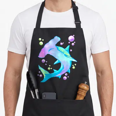 Hammerhead marine apron - Cartoon hammerhead shark in blue purple pink and green with bubbles — shown on a black cotton canvas apron against a white background