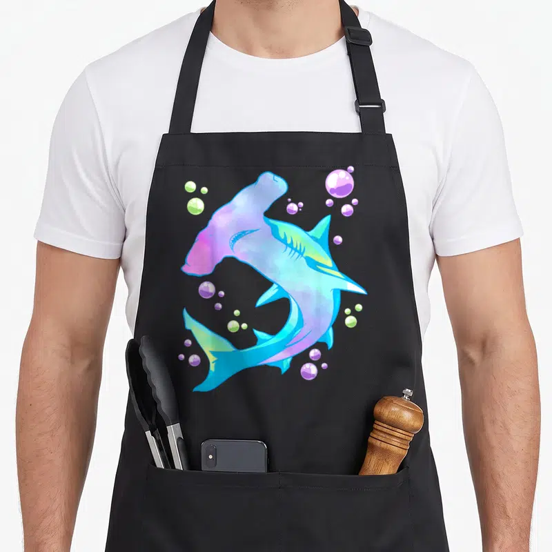 Hammerhead marine apron - Cartoon hammerhead shark in blue purple pink and green with bubbles — shown on a black cotton canvas apron against a white background