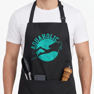 Aquaholic diving apron - Distressed AQUAHOLIC text over teal circle with white scuba diver silhouette — shown on a black cotton canvas apron against a white background
