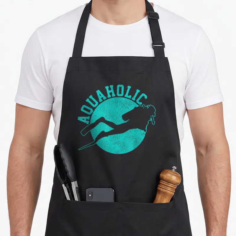 Aquaholic diving apron - Distressed AQUAHOLIC text over teal circle with white scuba diver silhouette — shown on a black cotton canvas apron against a white background