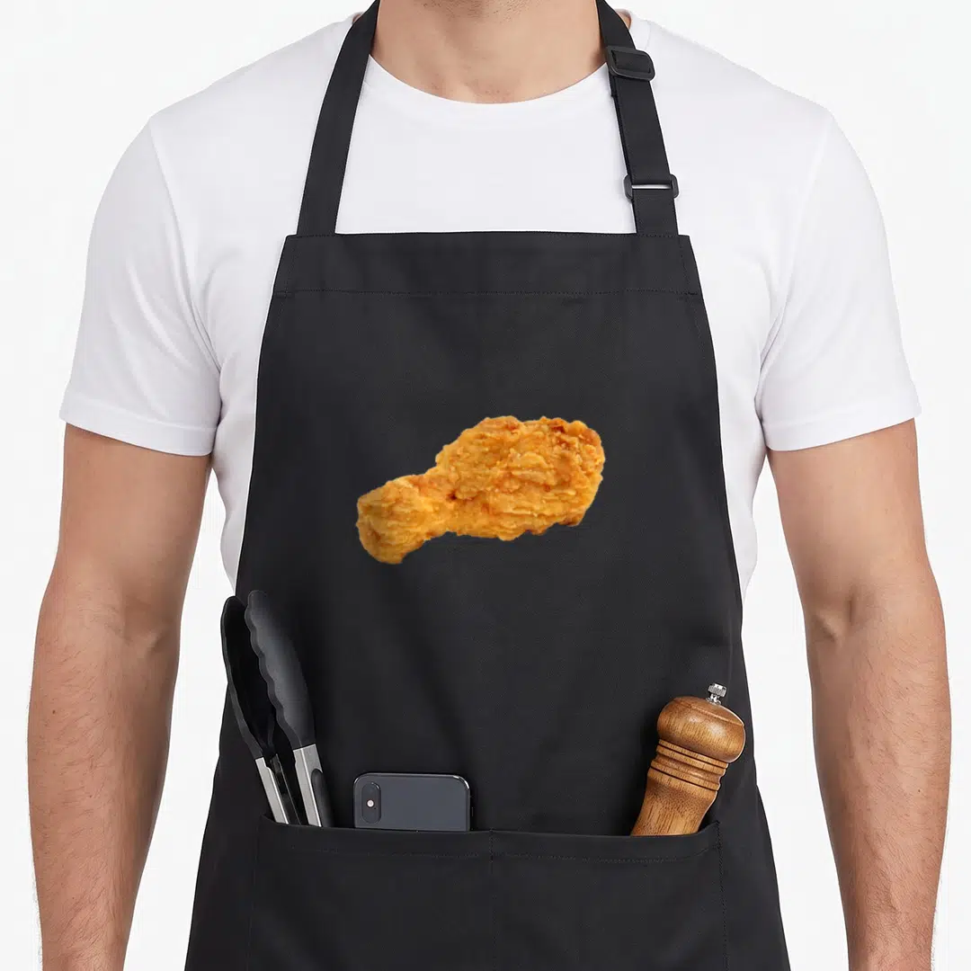 Drumstick chicken apron - Realistic photo of a golden brown fried chicken drumstick centered on fabric — shown on a black cotton canvas apron against a white background