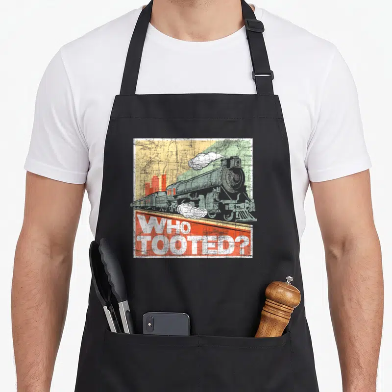 Tooted model railroad train apron - Grey steam locomotive with WHO TOOTED text on yellow and green background — shown on a black cotton canvas apron against a white background