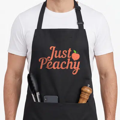 Peachy pride apron - Just Peachy coral script text with small peach and green leaf icon — shown on a black cotton canvas apron against a white background