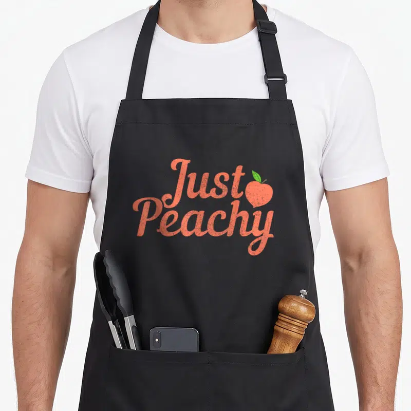 Peachy pride apron - Just Peachy coral script text with small peach and green leaf icon — shown on a black cotton canvas apron against a white background