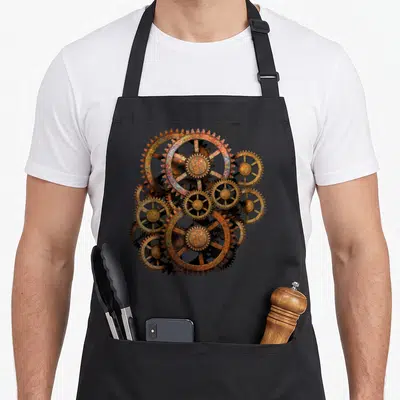 Gear steampunk apron - Cluster of overlapping orange, brown, and gold gears in realistic art style — shown on a black cotton canvas apron against a white background