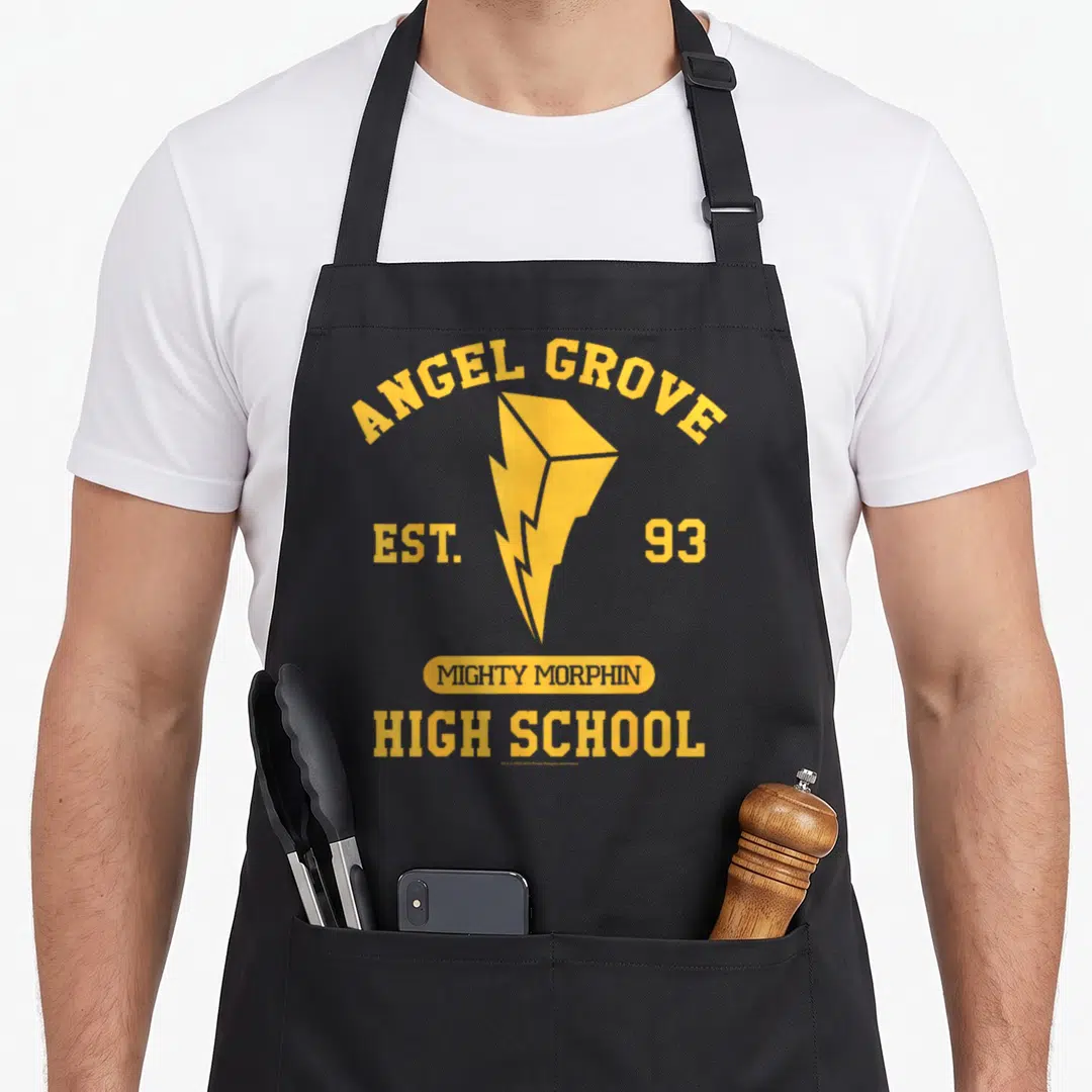 Grove angels and aprons - Yellow lightning bolt with Angel Grove High School established 93 typography on black fabric — shown on a black cotton canvas apron against a white background