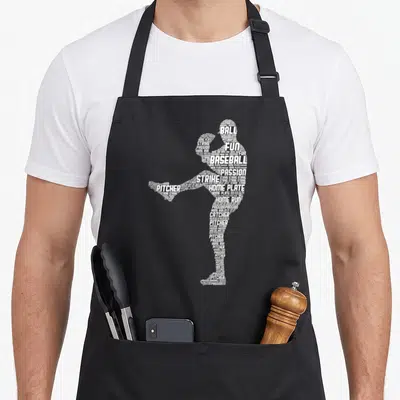 Pitcher player baseball apron - White typography silhouette of a baseball pitcher formed by words like PITCHER — shown on a black cotton canvas apron against a white background