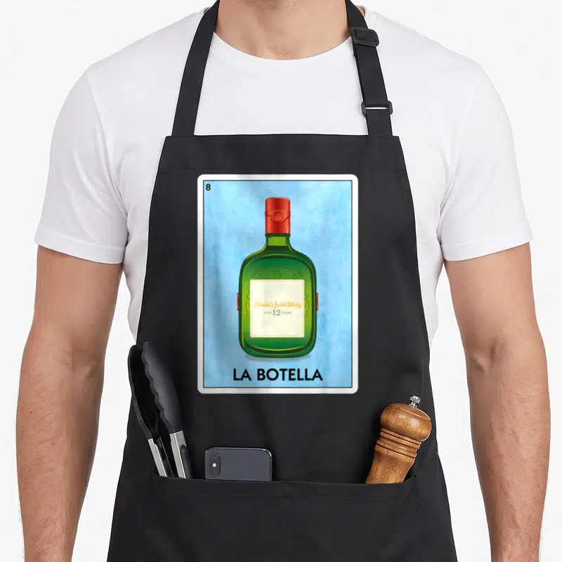 Botella mexican apron - Green bottle with red cap on blue background reading 8 Blended Scotch Whisky La Botella — shown on a black cotton canvas apron against a white background