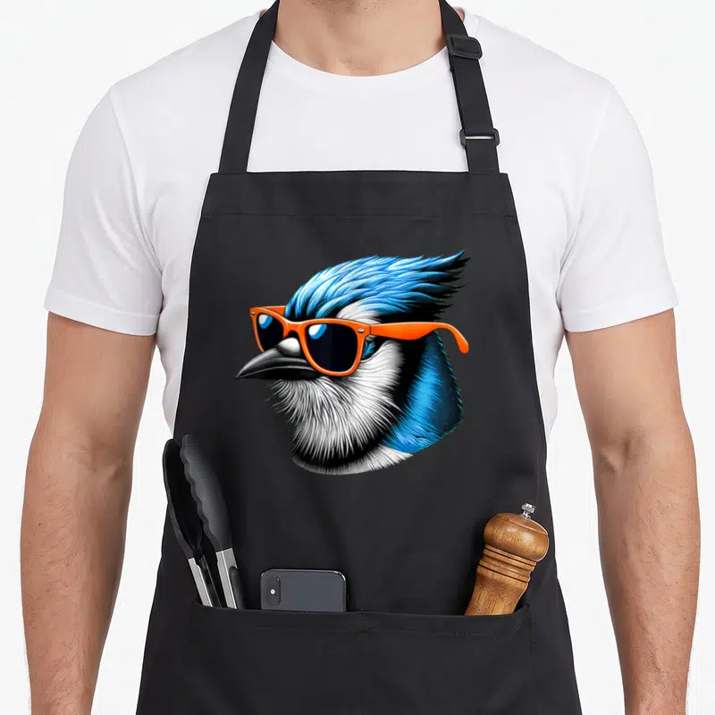 Blue jay bird apron - Realistic blue jay head wearing orange sunglasses with detailed blue white and black feathers — shown on a black cotton canvas apron against a white background
