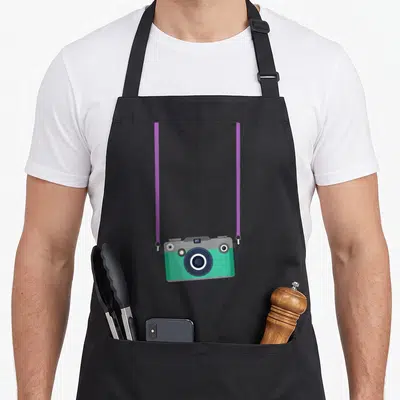 Fake photographer apron - Teal grey cartoon camera with two purple straps on black fabric — shown on a black cotton canvas apron against a white background