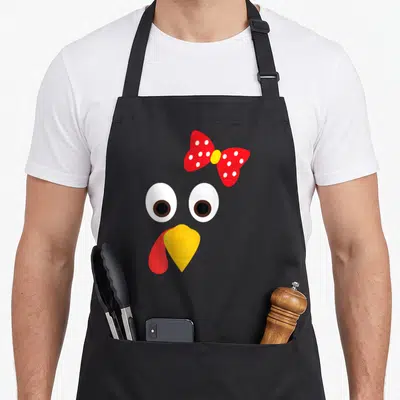 Turkey face thanksgiving apron - Cartoon turkey face with red polka dot bow, two white eyes, yellow beak, and red wattle — shown on a black cotton canvas apron against a white background