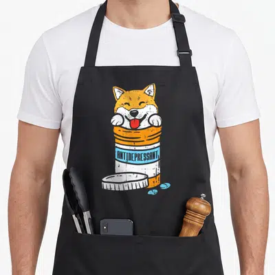 Antidepressant dog apron - Cartoon Shiba Inu popping out of orange pill bottle labeled antidepressant with blue pills — shown on a black cotton canvas apron against a white background