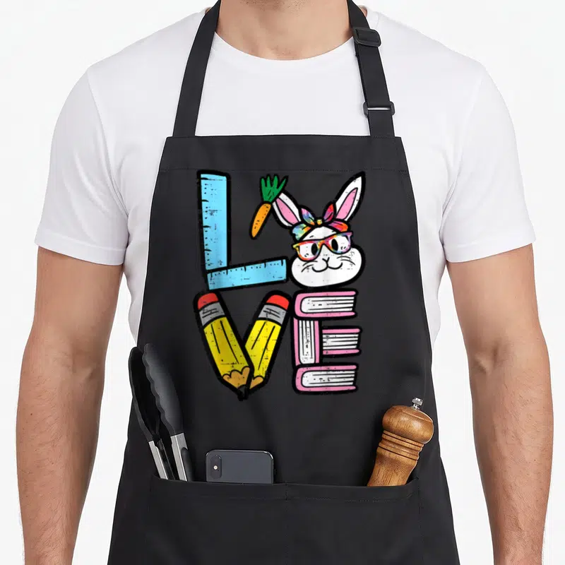 Spring easter bunny aprons - Cartoon bunny head with glasses forms letter O in love spelled by ruler pencils and books — shown on a black cotton canvas apron against a white background