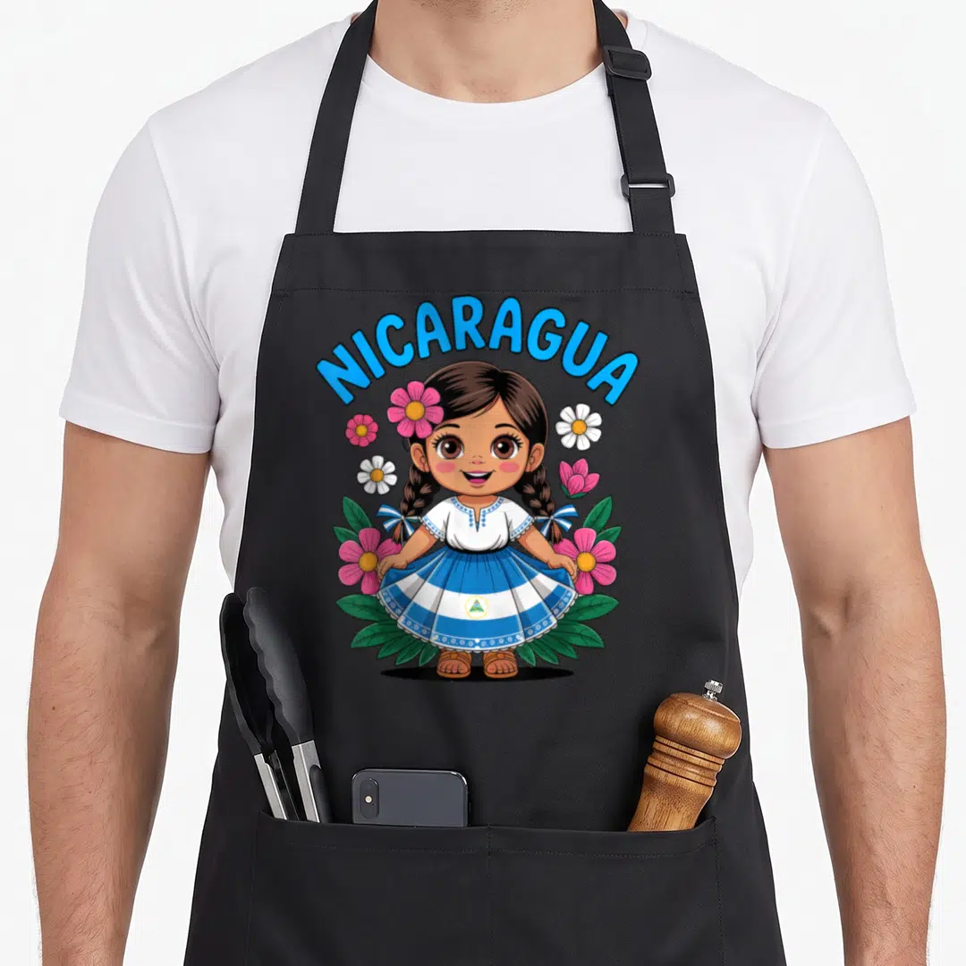 Nicaragua traditional apron - Cartoon girl in blue and white flag dress holding pink flowers under arched NICARAGUA text — shown on a black cotton canvas apron against a white background