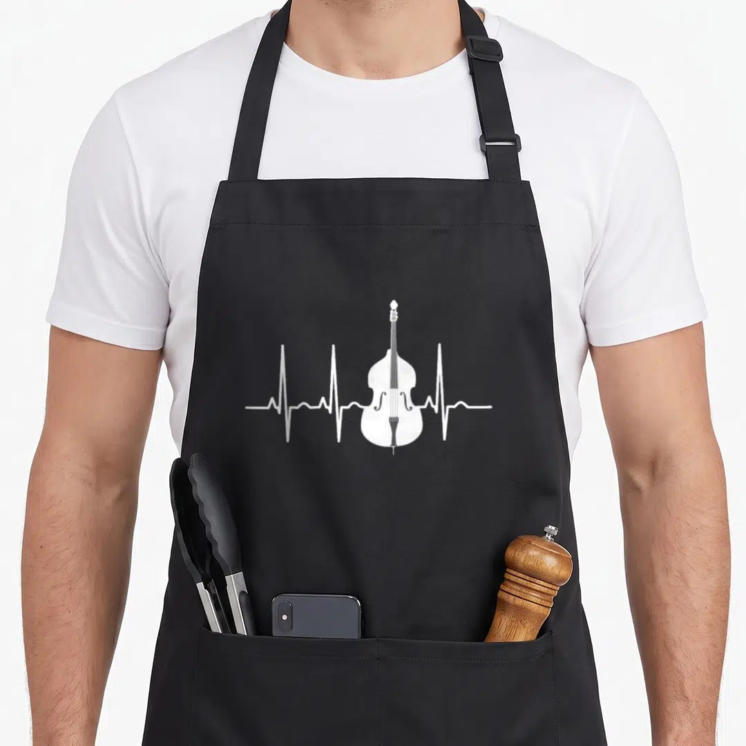Player double apron - White double bass silhouette inside a white EKG heartbeat line on gray background — shown on a black cotton canvas apron against a white background