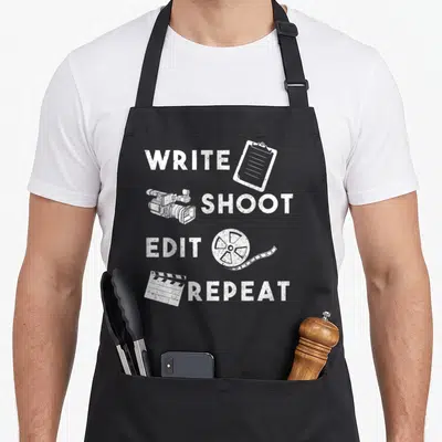 Shoot edit apron - White distressed text Write Shoot Edit Repeat paired with clipboard camera reel and clapperboard — shown on a black cotton canvas apron against a white background