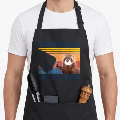 Funny ferret father day apron - Retro brown ferret high-fiving a nose against blue yellow orange red and brown stripes — shown on a black cotton canvas apron against a white background