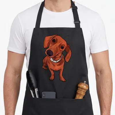 Funny dog dachshund apron - Brown cartoon dachshund wearing a white collar standing on grey background — shown on a black cotton canvas apron against a white background