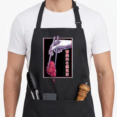 Futurism otaku anime apron - Hand holding red heart with chopsticks, vertical Japanese text, pink and blue border — shown on a black cotton canvas apron against a white background