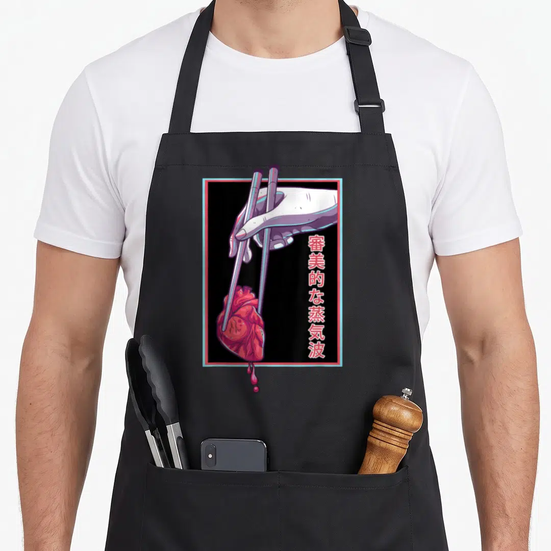 Futurism otaku anime apron - Hand holding red heart with chopsticks, vertical Japanese text, pink and blue border — shown on a black cotton canvas apron against a white background