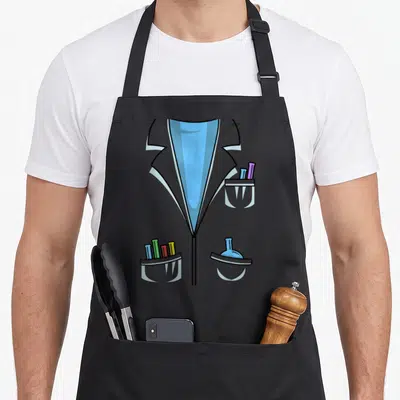 Scientist halloween apron - Cartoon white lab coat with blue shirt, colorful test tubes, and flask in pockets — shown on a black cotton canvas apron against a white background