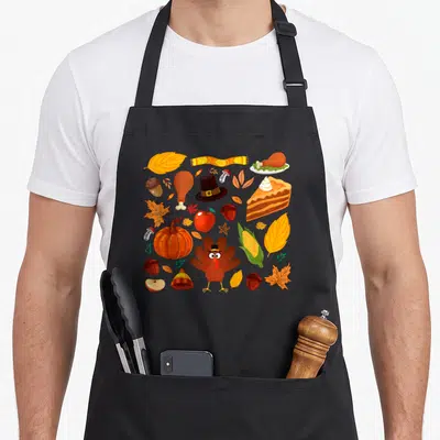 Turkey family dinner thanksgiving day aprons - Cartoon turkey, pumpkin, pie, and autumn leaves in orange, yellow — shown on a black cotton canvas apron against a white background