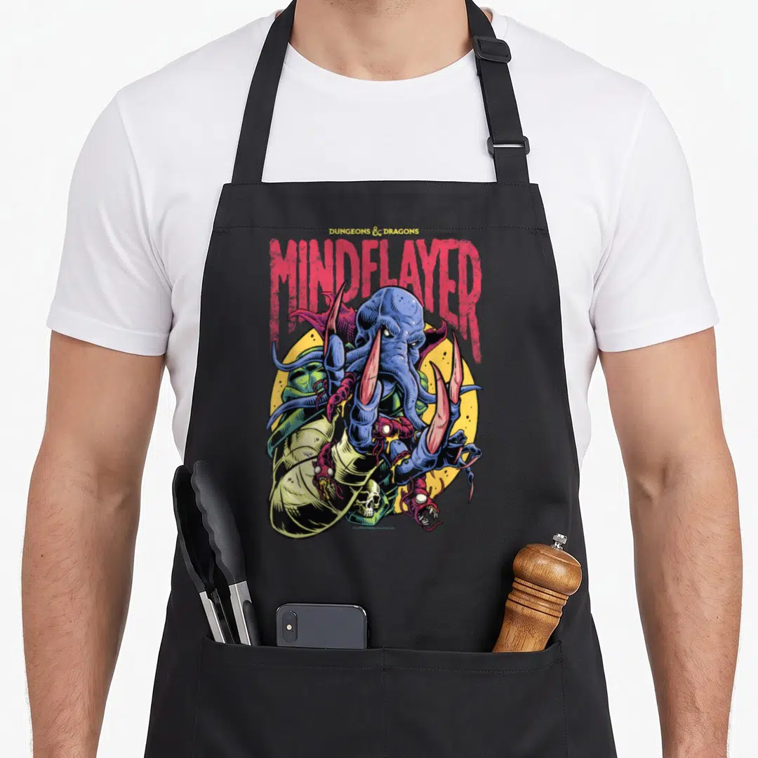 Mindflayer dungeon apron - Red MIND FLAYER text over blue creature and yellow circle with skulls — shown on a black cotton canvas apron against a white background