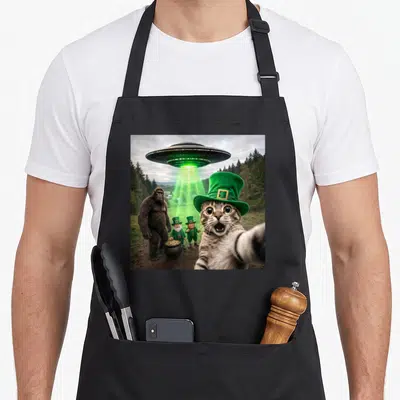 Leprechaun funny cat apron - Cat selfie with leprechauns, gorilla, pot of gold, and UFO in forest — shown on a black cotton canvas apron against a white background