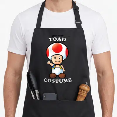 Costume toad apron - Cartoon mushroom character with red spotted hat and blue suspenders under THIS IS MY TOAD COSTUME — shown on a black cotton canvas apron against a white background