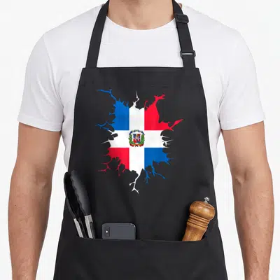 Inside pride apron - Dominican Republic flag shaped like a cracked hole with a coat of arms in red, white, and blue — shown on a black cotton canvas apron against a white background