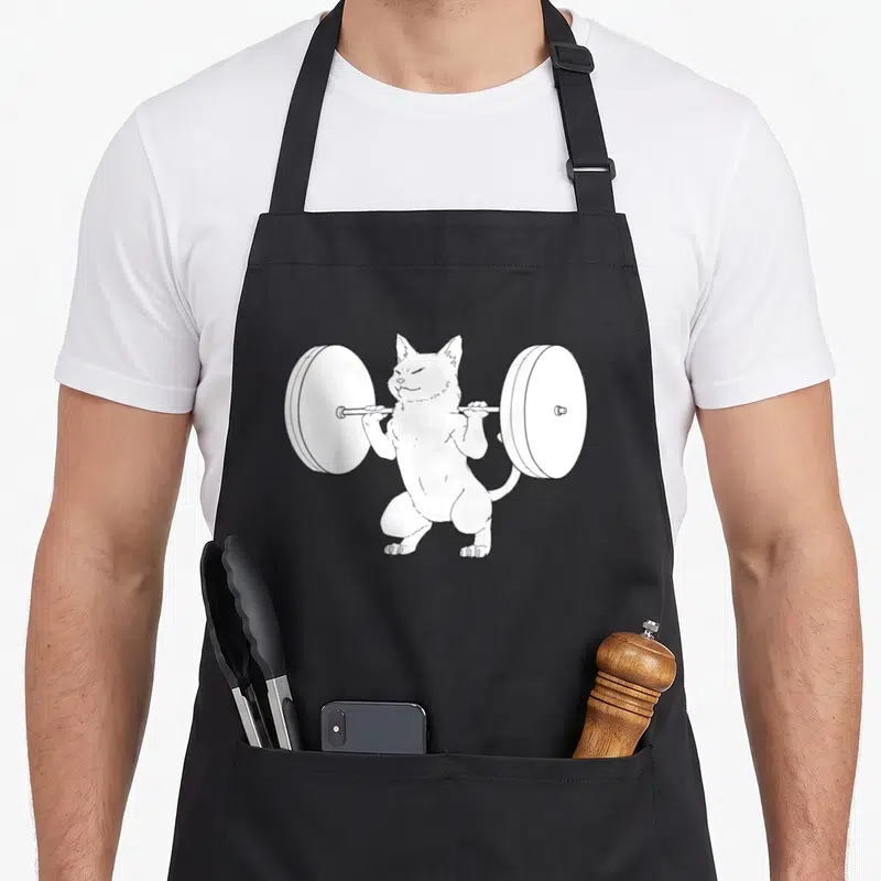 Squat cat apron - White line-art cat standing and lifting a barbell across shoulders — shown on a black cotton canvas apron against a white background