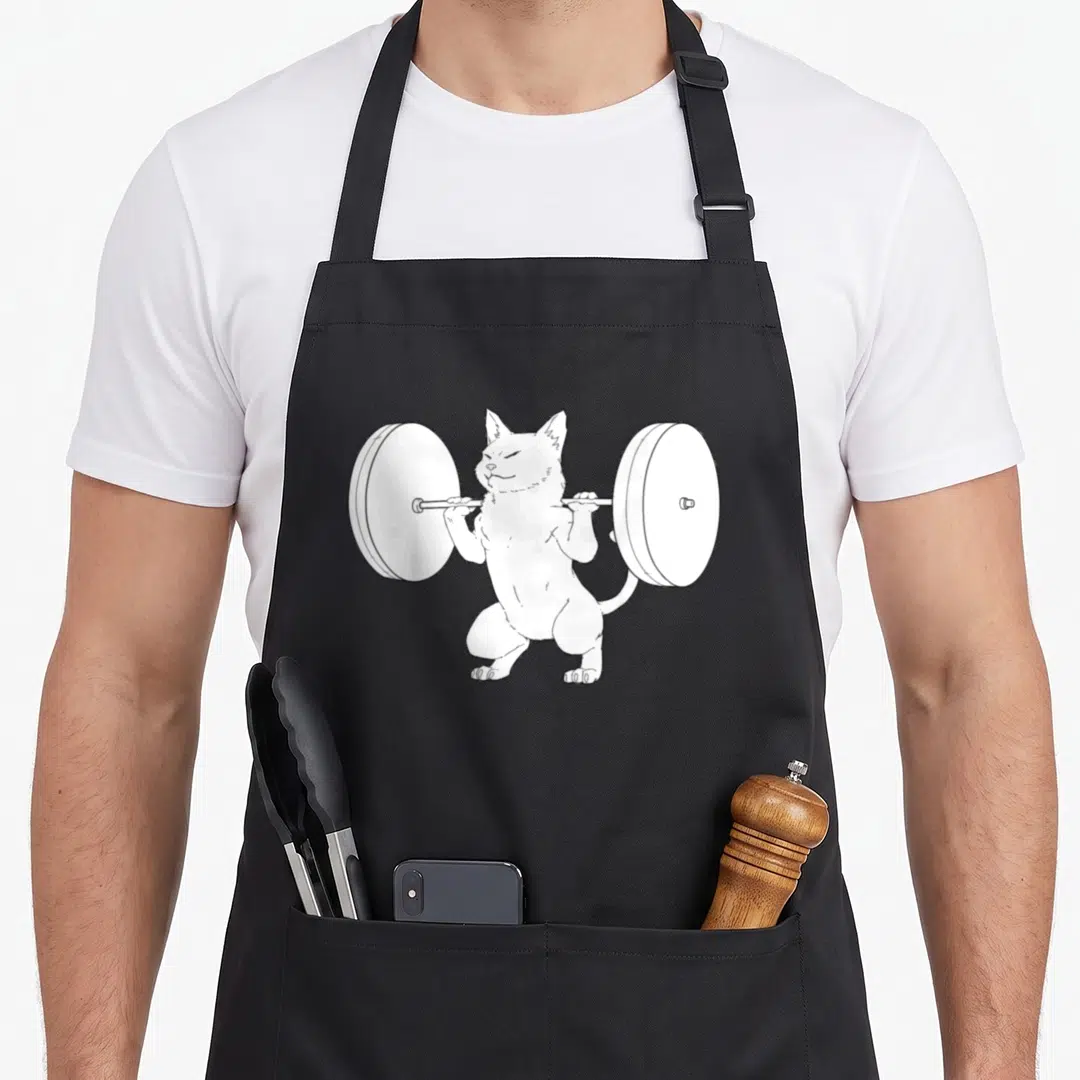Squat cat apron - White line-art cat standing and lifting a barbell across shoulders — shown on a black cotton canvas apron against a white background
