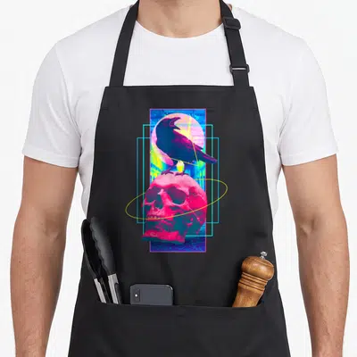 Vaporwave halloween apron - Raven on skull with magenta cyan yellow blue geometric shapes retro style — shown on a black cotton canvas apron against a white background