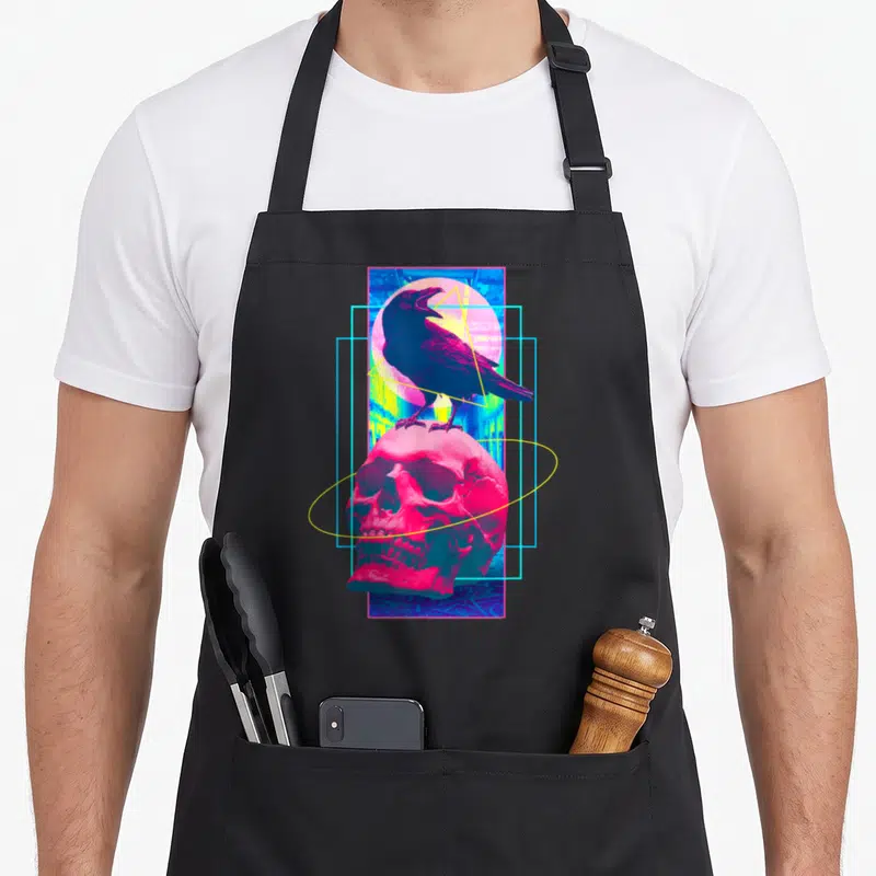 Vaporwave halloween apron - Raven on skull with magenta cyan yellow blue geometric shapes retro style — shown on a black cotton canvas apron against a white background