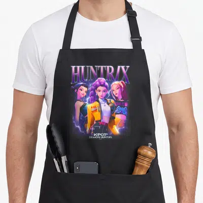 Huntr hunter apron - HUNTR/X three women lightning KPOP DEMON HUNTERS purple pink yellow blue cartoon — shown on a black cotton canvas apron against a white background