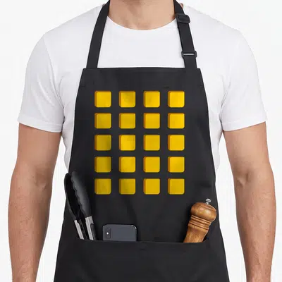 Waffle halloween apron - Twenty yellow 3D cubes arranged in a 5x4 grid pattern — shown on a black cotton canvas apron against a white background