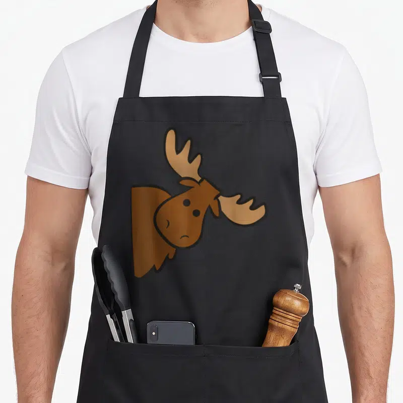 Elk moose apron - Cartoon moose head peeking in brown and tan on black apron — shown on a black cotton canvas apron against a white background
