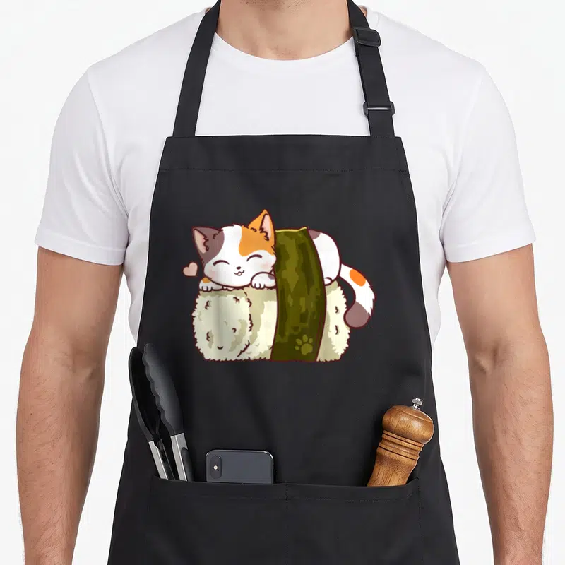 Cat kawaii sushi apron - Calico cat lying on sushi roll with pink heart, cartoon style — shown on a black cotton canvas apron against a white background